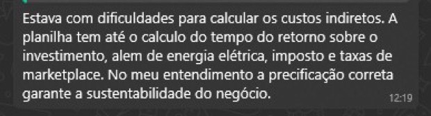 Depoimento sobre custos indiretos, retorno da máquina e taxas de venda