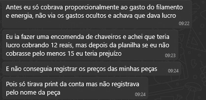 Print do depoimento do Lucas sobre o pedido de chaveiros