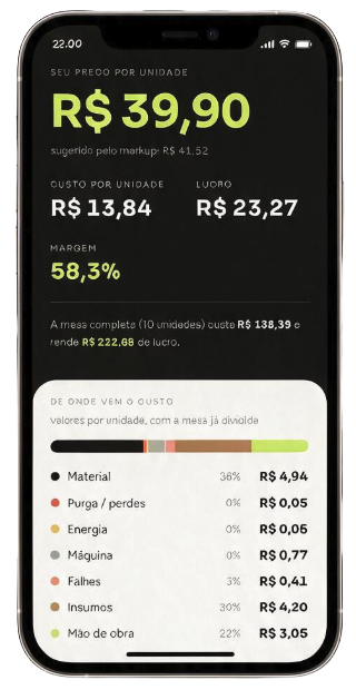 QG Maker aberto em um smartphone mostrando preço, custo, lucro e margem